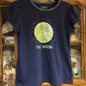 LL Bean Girls "Thr Moon" Navy Blue Shirt Size Large 14-16 Short sleeve Soft
